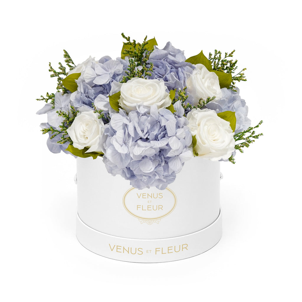 Small Round Roses & Hydrangeas, White Classic, Coastal Blue, Mixed Roses & Hydrangeas, Venus et Fleur