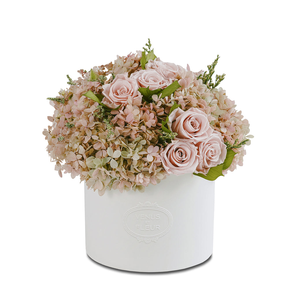 Thalia Porcelain Vase Roses & Hydrangeas, Porcelain, Morning Fog, Mixed Roses & Hydrangeas, Venus et Fleur
