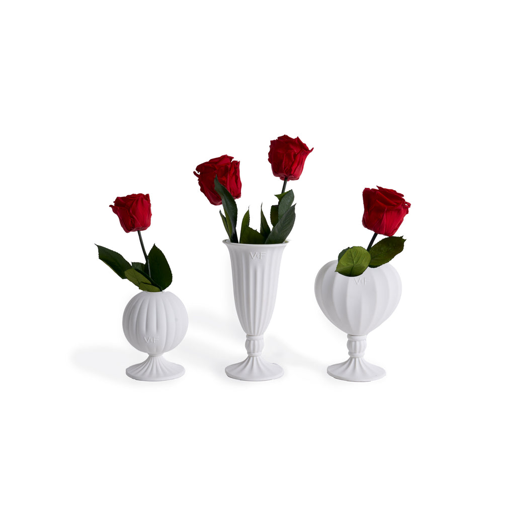 Aphrodite 3-Piece Bud Vase Set, Porcelain, Red, 4 Long-Stem Eternity Roses, Venus et Fleur