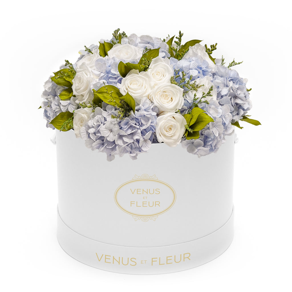 Large Round Roses & Hydrangeas, White Classic, Coastal Blue, Mixed Roses & Hydrangeas, Venus et Fleur