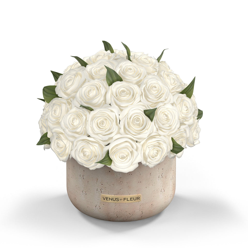 Terre Travertine Vase, Roses & Leaves, Pure White, 55-58 Eternity Roses, Venus et Fleur
