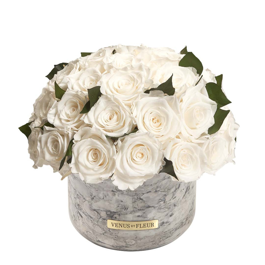 Gia Marble Vase, Roses & Leaves, Pure White, Over 50 Eternity Roses, Venus et Fleur