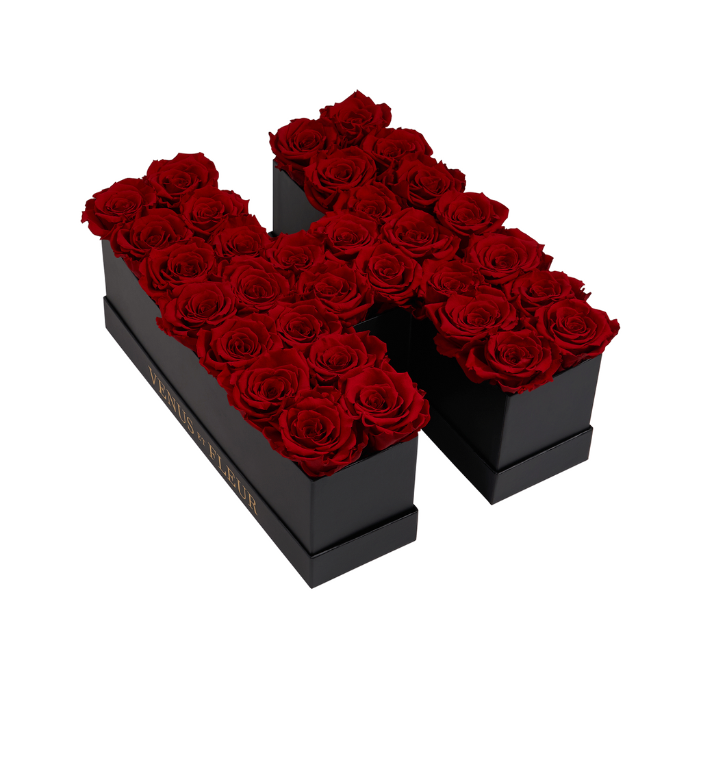 Black box shaped like the letter H filled with red roses, with the text 'VENUS ET FLEUR' visible on the side of the box.