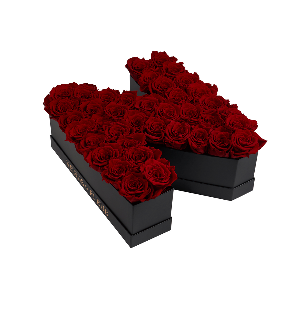 Black box shaped like the letter N filled with red roses, with the text 'VENUS ET FLEUR' on the side of the box.