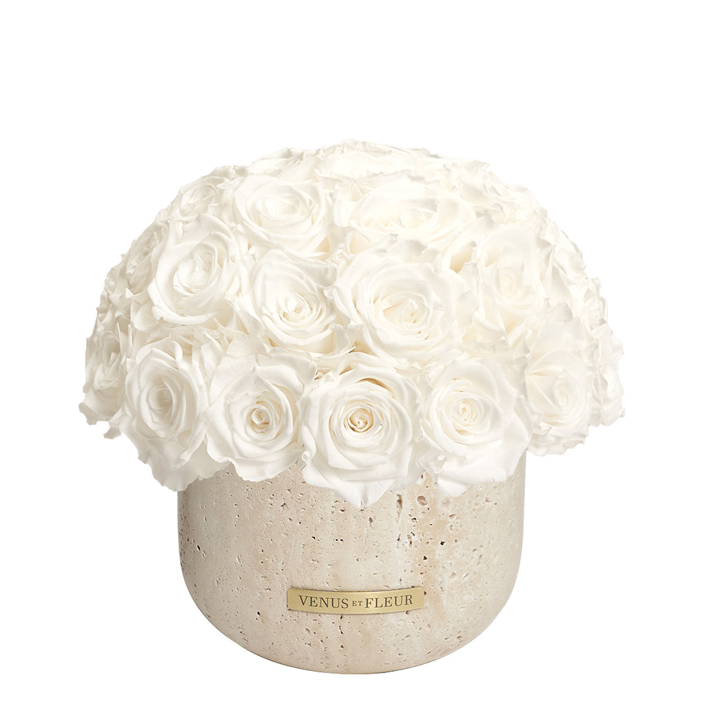 Terre Travertine Vase, Roses, Pure White, 55-58 Eternity Roses, Venus et Fleur