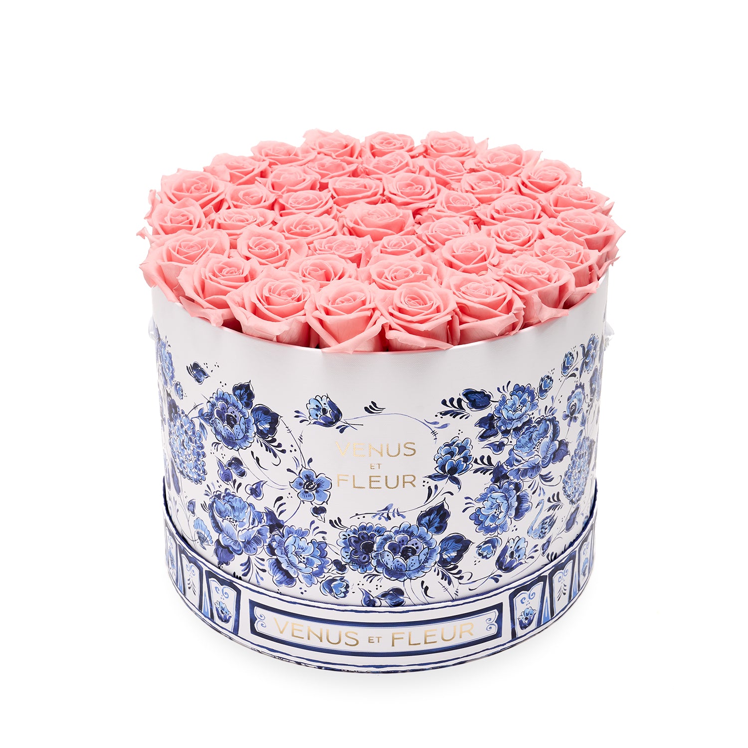 Large Delft Jardin Bleu Hat Box with 45 Roses | Venus et Fleur