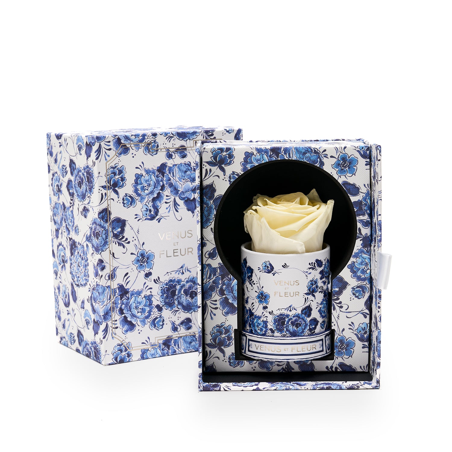 Delft Jardin Bleu Mini Round with 1 Preserved Rose | Venus et Fleur