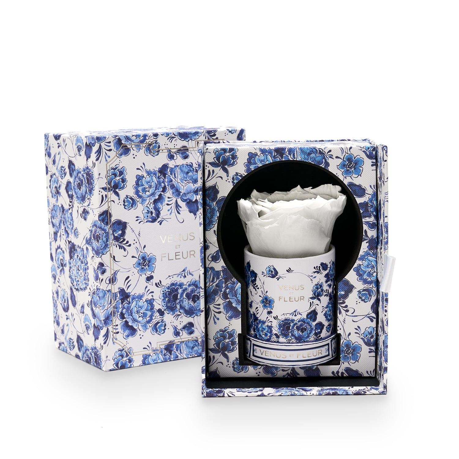 Delft Jardin Bleu Mini Round with 1 Preserved Rose | Venus et Fleur