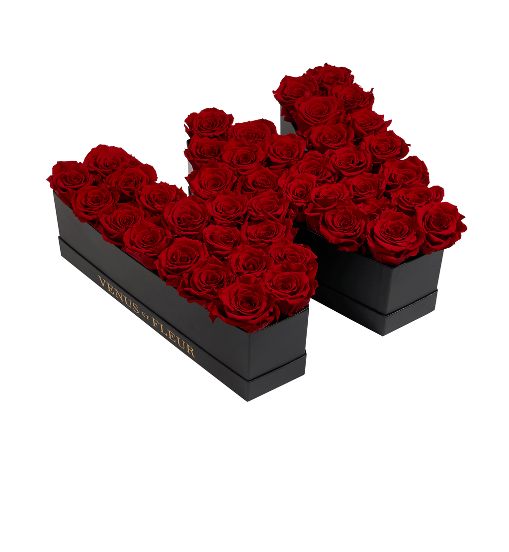Black box shaped like the letter W filled with red roses, with gold text 'VENUS ET FLEUR' on the side