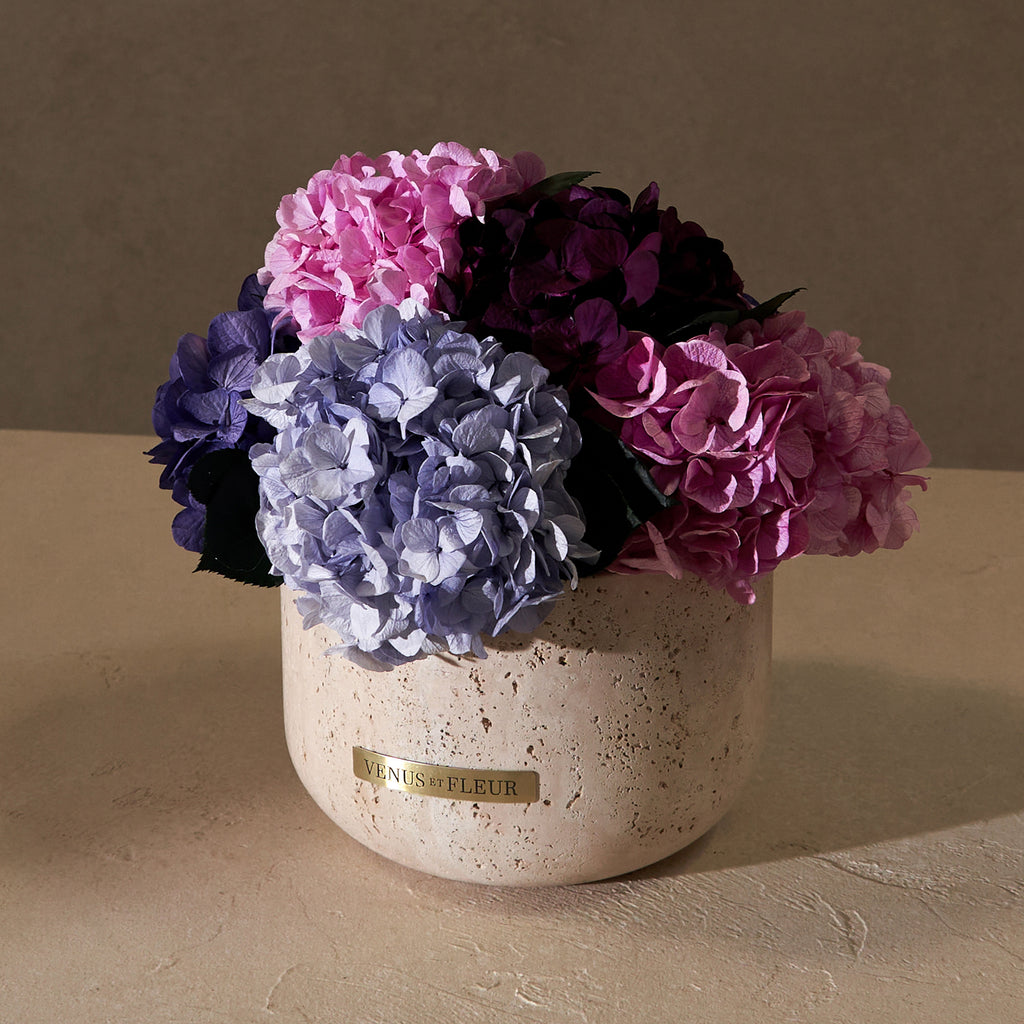 Terre Travertine Vase Eternity® Hydrangea Arrangement - Venus et Fleur®