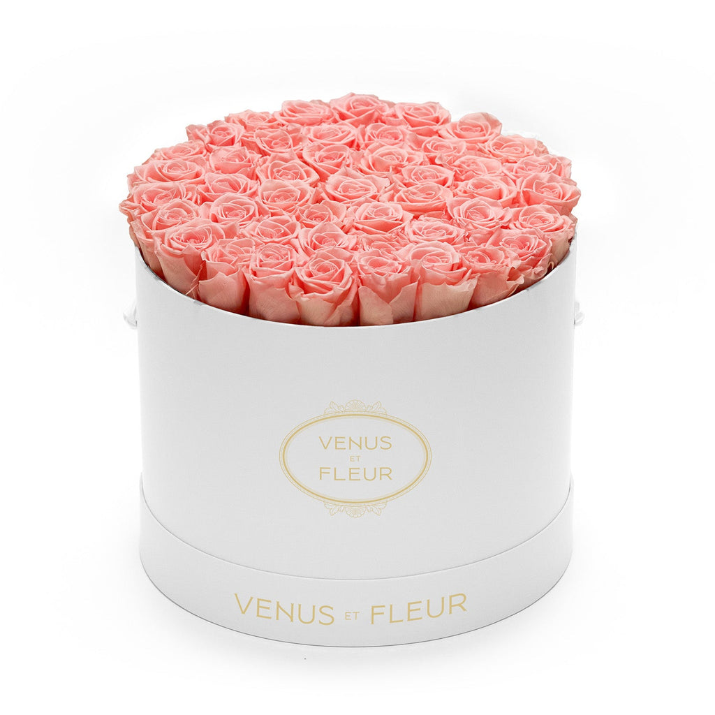 White round box filled with pink roses, labeled 'VENUS ET FLEUR'