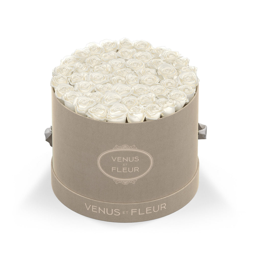 Round beige box filled with white roses, labeled 'VENUS ET FLEUR'