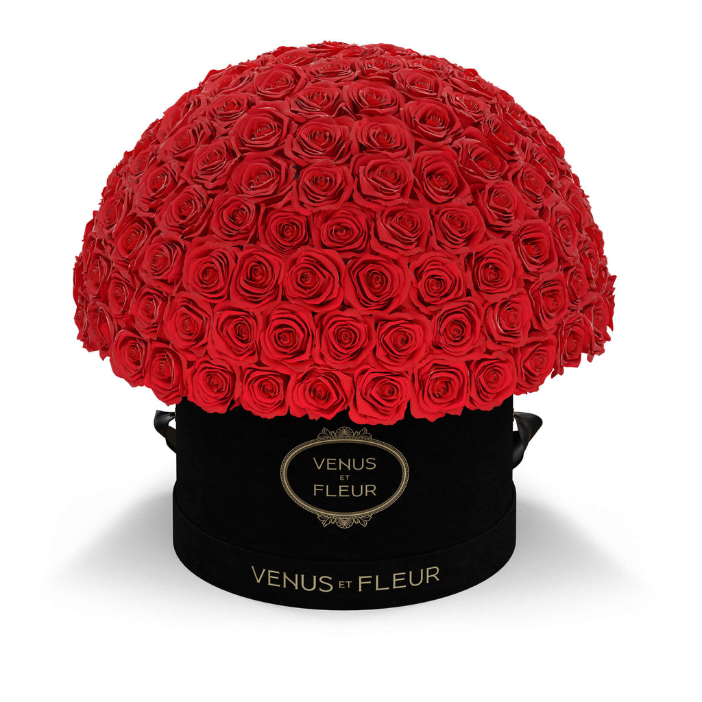 Large bouquet of red roses in a black round box labeled 'VENUS ET FLEUR'