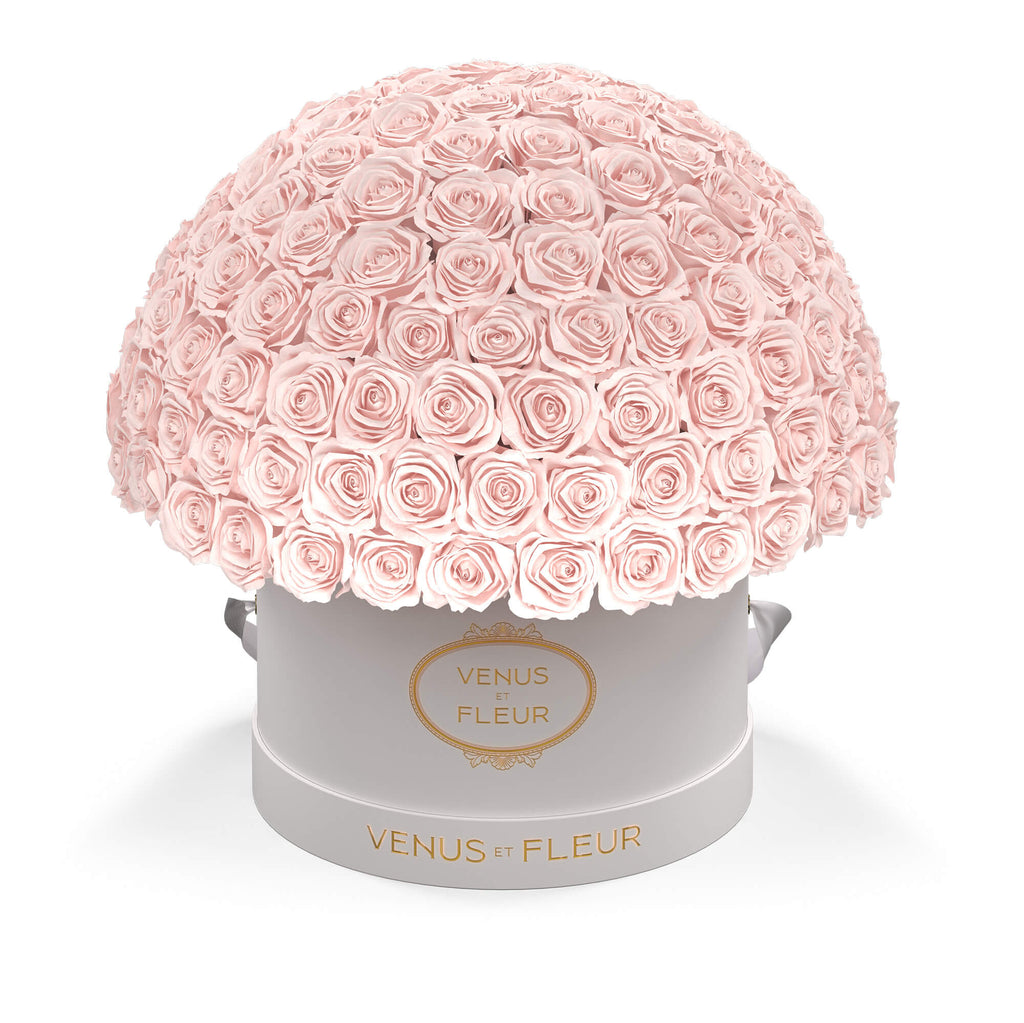 Large arrangement of pale pink roses in a white round box with gold text 'VENUS ET FLEUR'