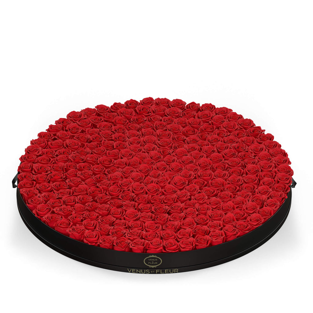 Round black box filled with numerous red roses, with the text 'VENUS ET FLEUR' on the box's side and top label.