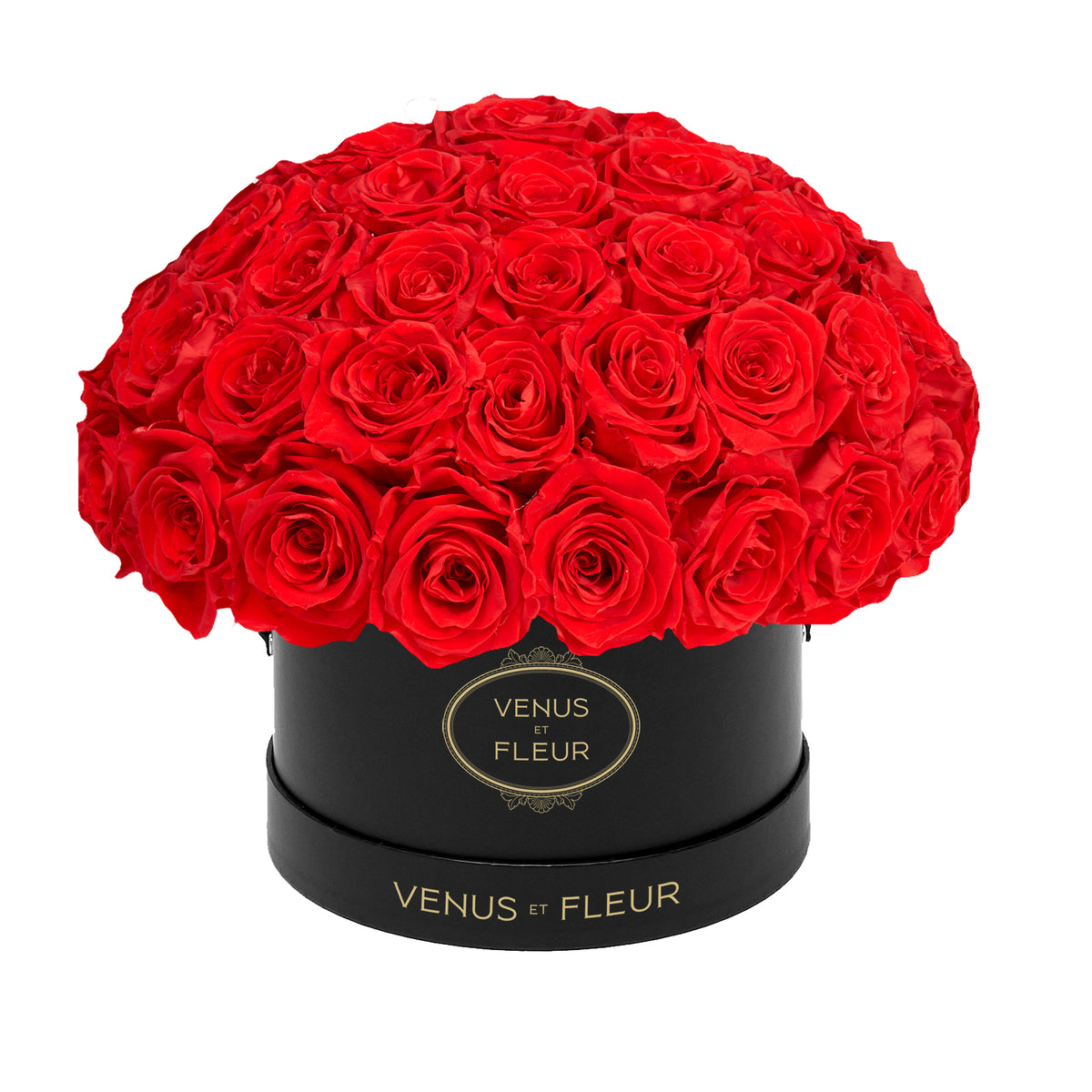 Bouquet of red roses in a black round box labeled 'VENUS ET FLEUR'