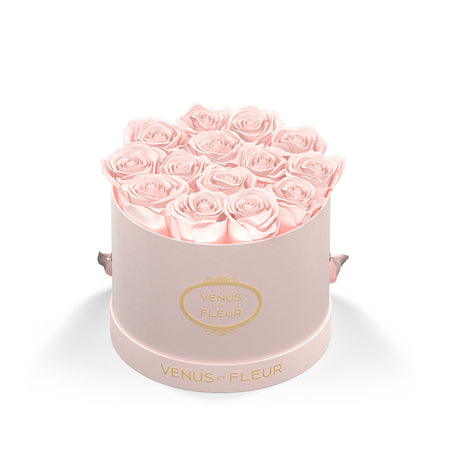 Small Round Blush Suede Box with Eternity Roses | Venus et Fleur