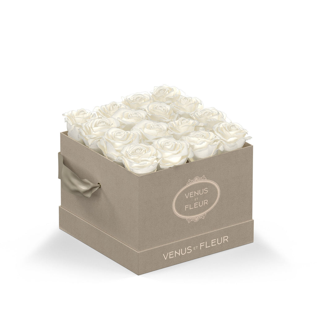 Box of white roses with taupe fabric handles, labeled 'VENUS ET FLEUR' on the front and side