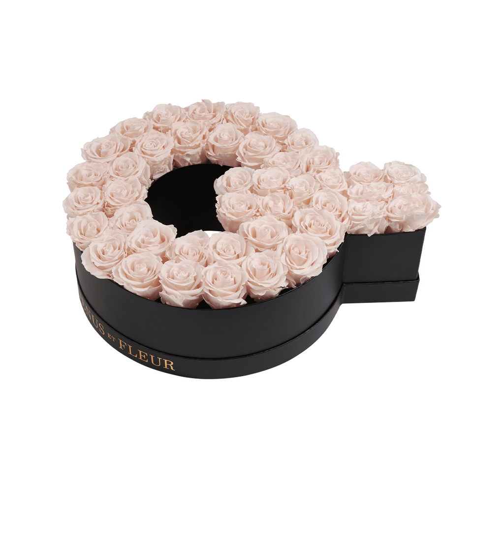Black box shaped like the letter Q filled with pale pink roses, with gold text 'FLEUR' on the side of the box.