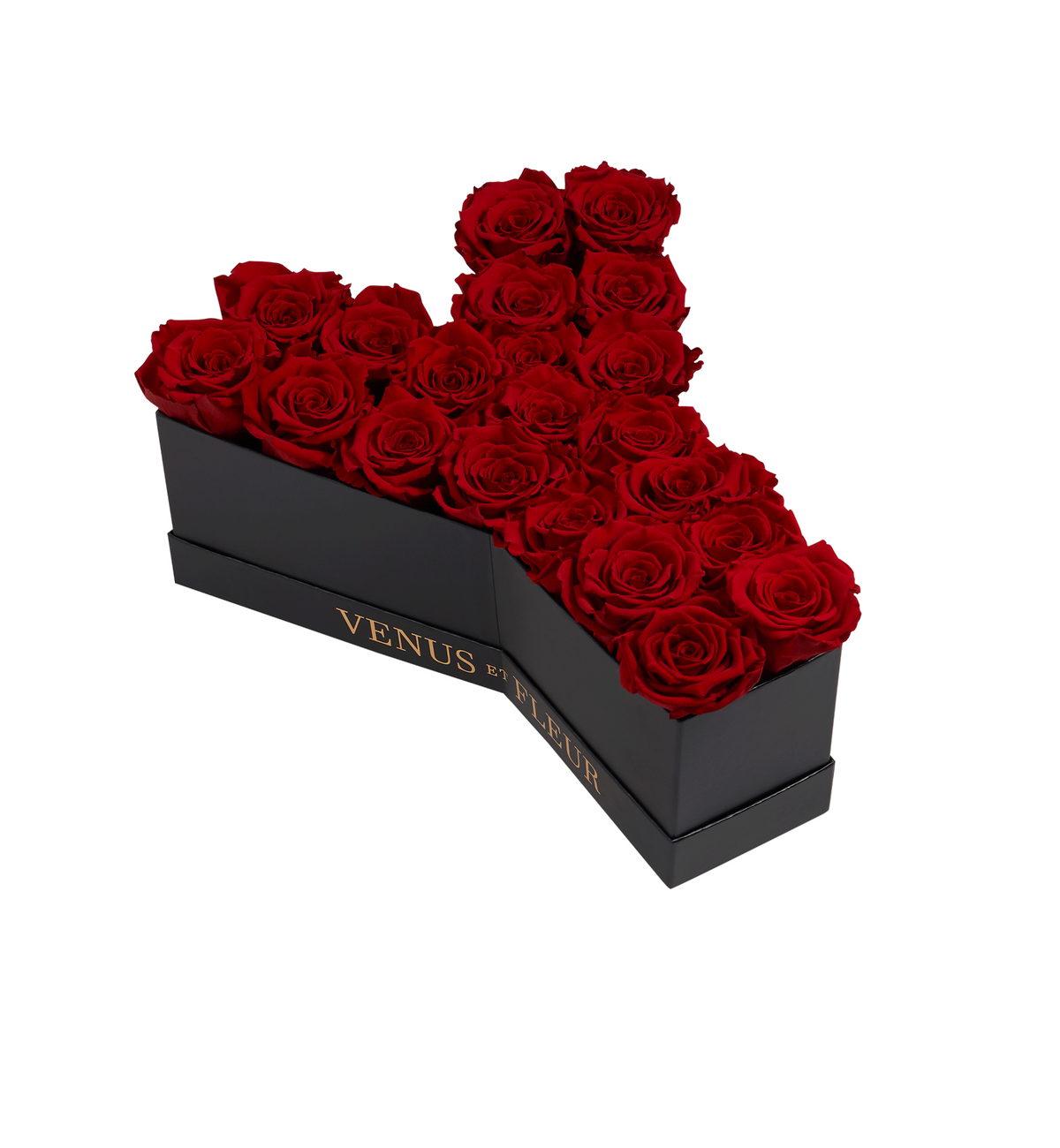 Black box shaped like the letter Y filled with red roses, with gold text 'VENUS ET FLEUR' on the side of the box.